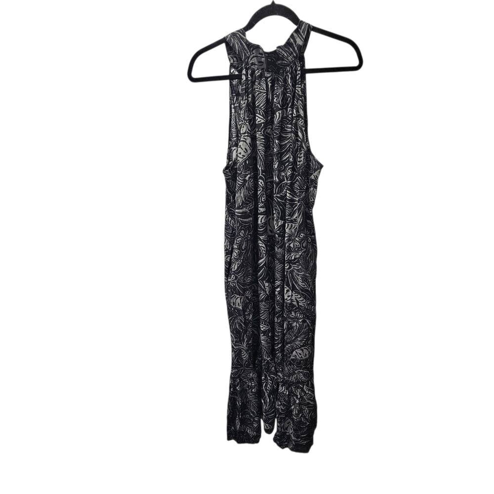 Torrid-Plus Size 2X High-Neck Tie-Back Black and Grey Dress Dark Tropical Print